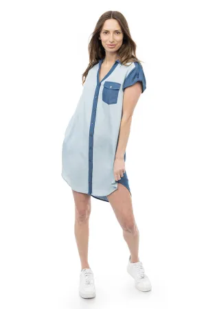 Two Tone Short Sleeve Hi-low Button Front Dress
