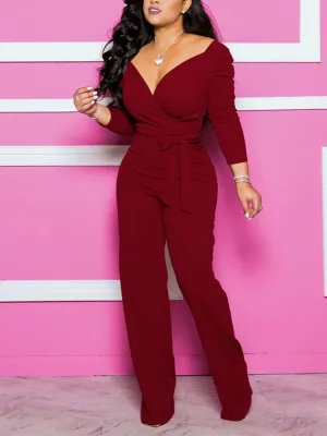 V Neck Belted Jumpsuit