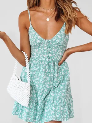 V-Neck Camisole Mini Dress with Small Floral Print and Button-Down Front