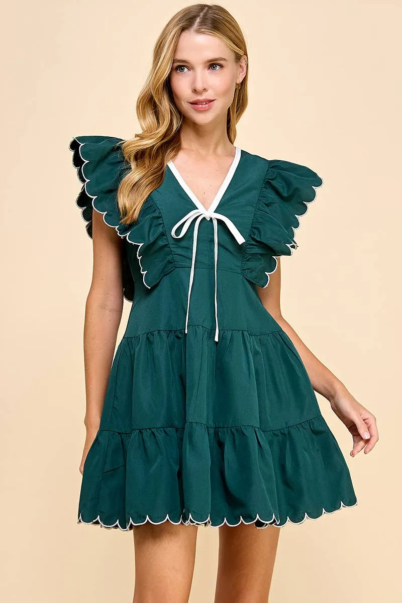 V Neckline Bow Detail Scalloped Dress