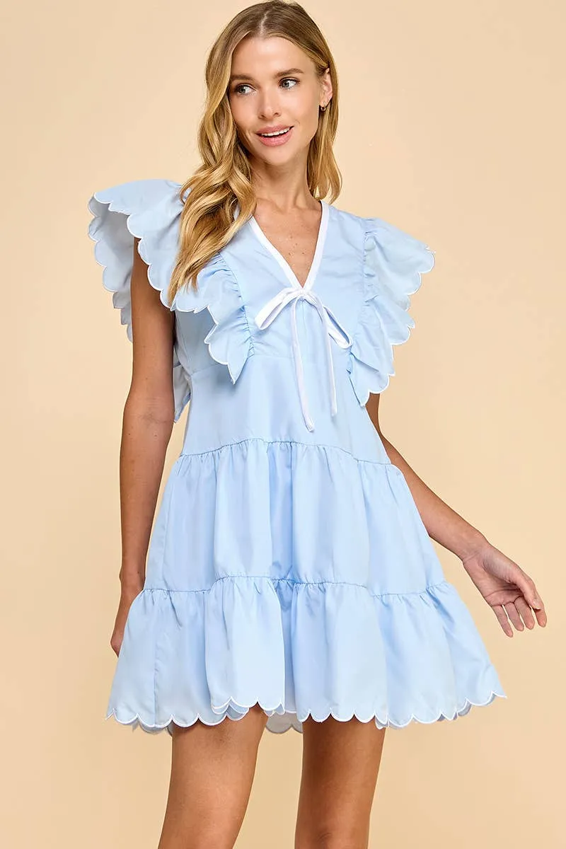 V Neckline Bow Detail Scalloped Dress