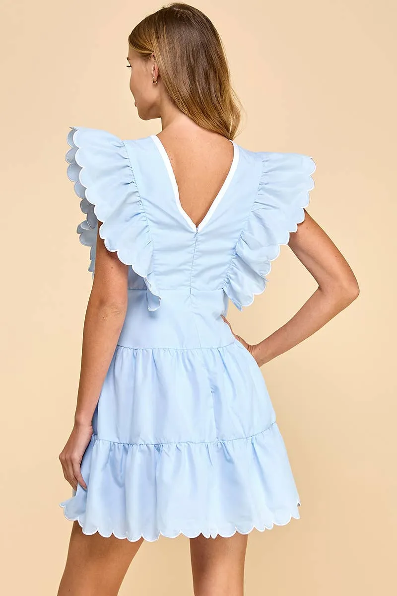 V Neckline Bow Detail Scalloped Dress