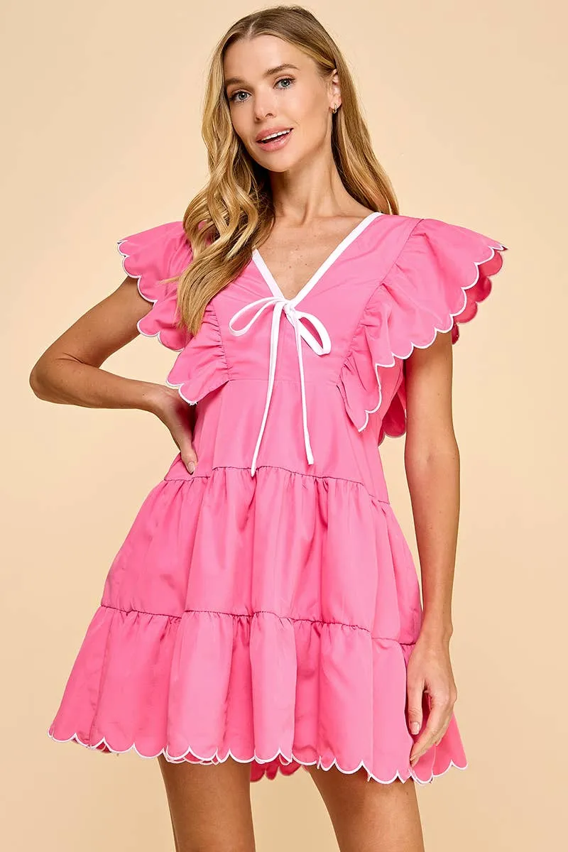 V Neckline Bow Detail Scalloped Dress