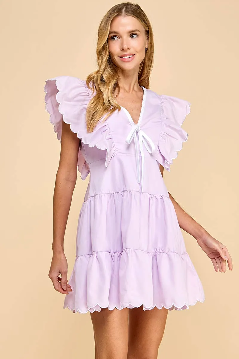 V Neckline Bow Detail Scalloped Dress