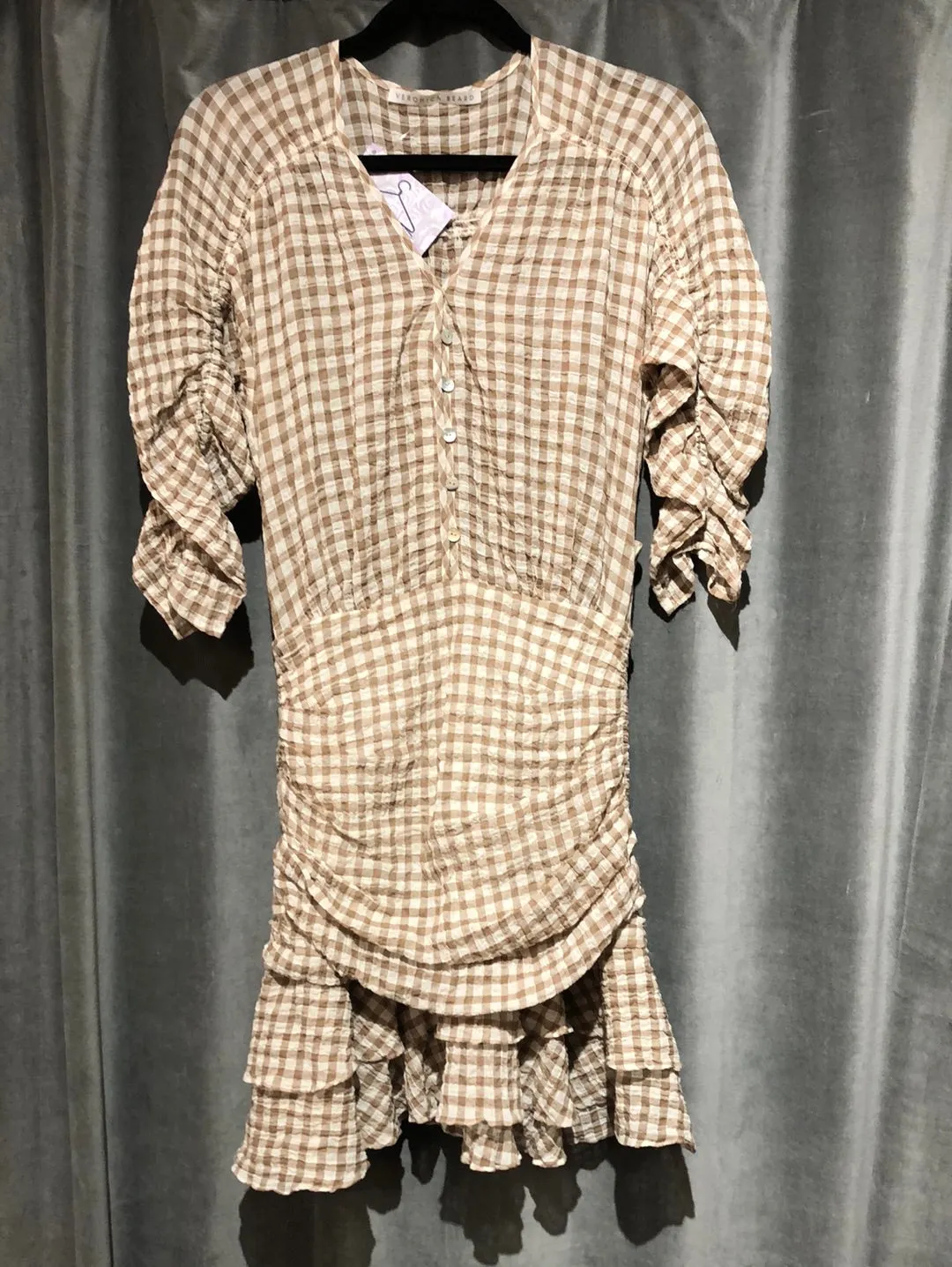 Veronica Beard Tan and Ivory Plaid Ruffle Bottom Half Button Dress