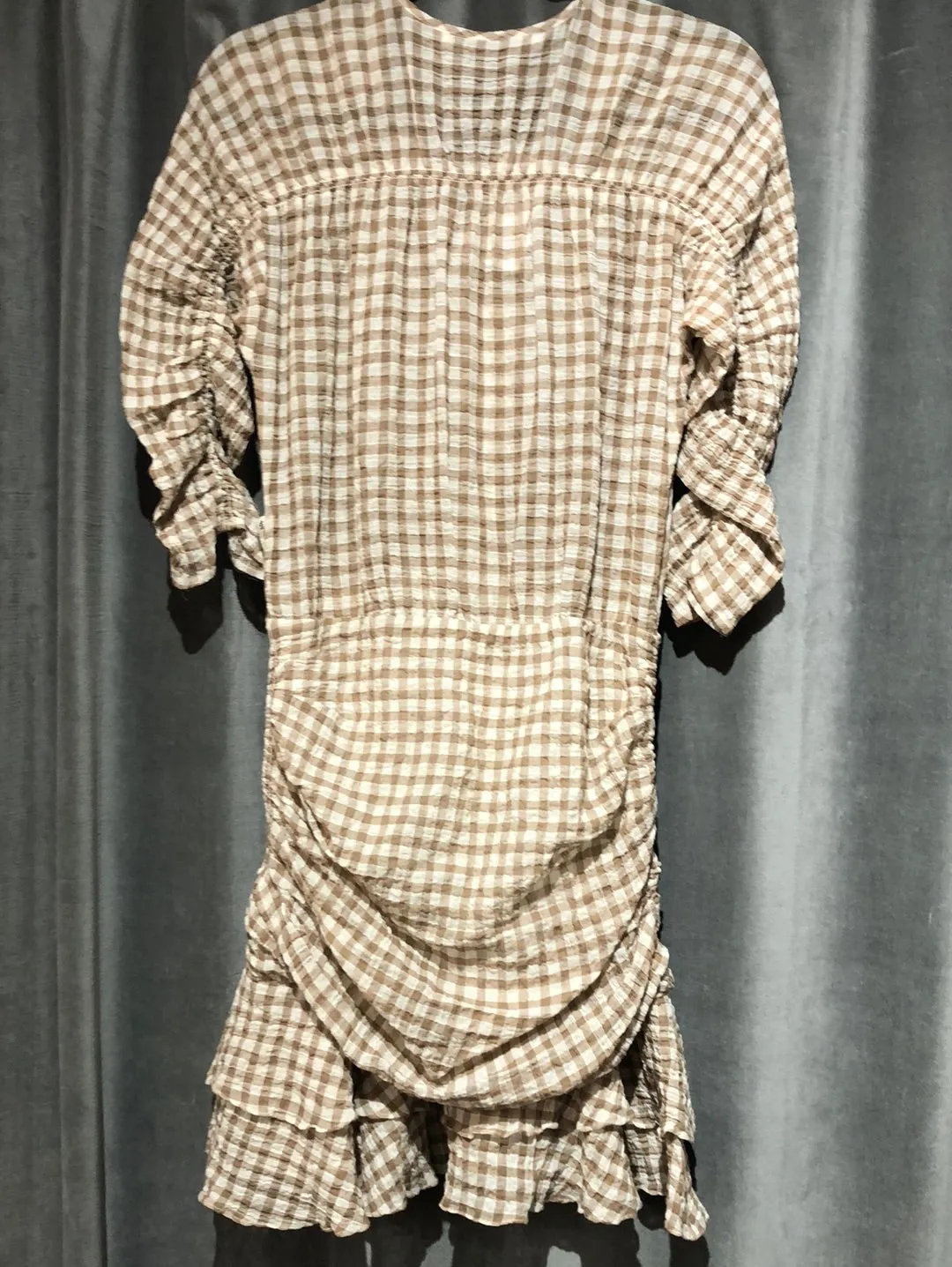 Veronica Beard Tan and Ivory Plaid Ruffle Bottom Half Button Dress