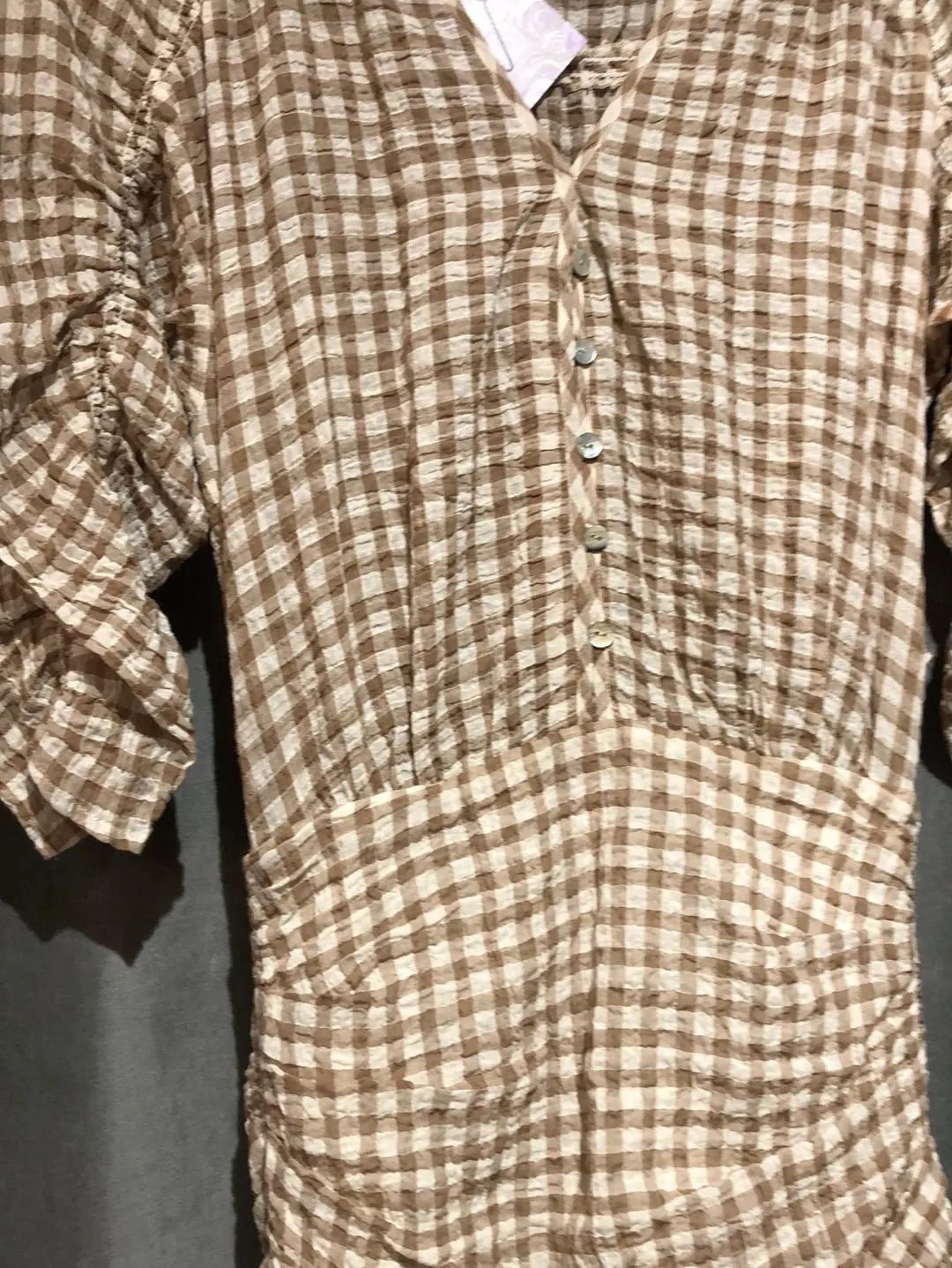 Veronica Beard Tan and Ivory Plaid Ruffle Bottom Half Button Dress