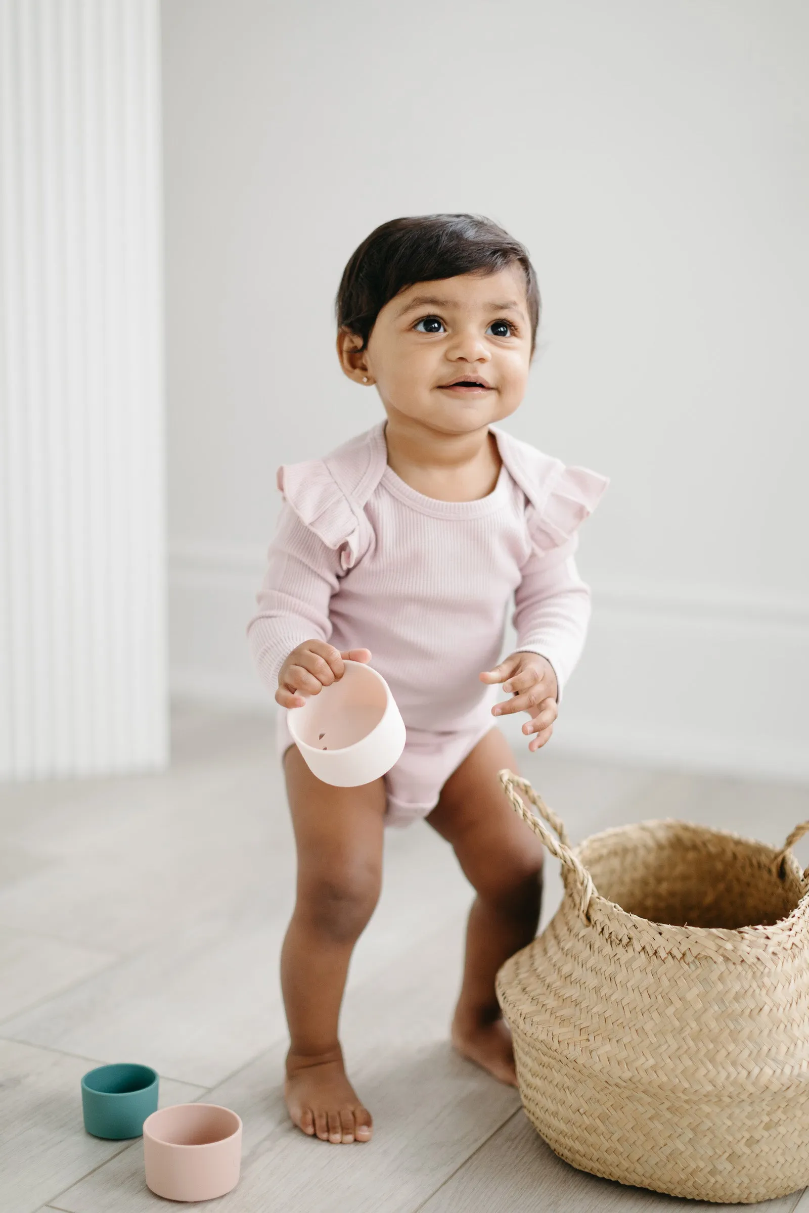Waffle Long Sleeve Ruffle Bodysuit - Blush Pink