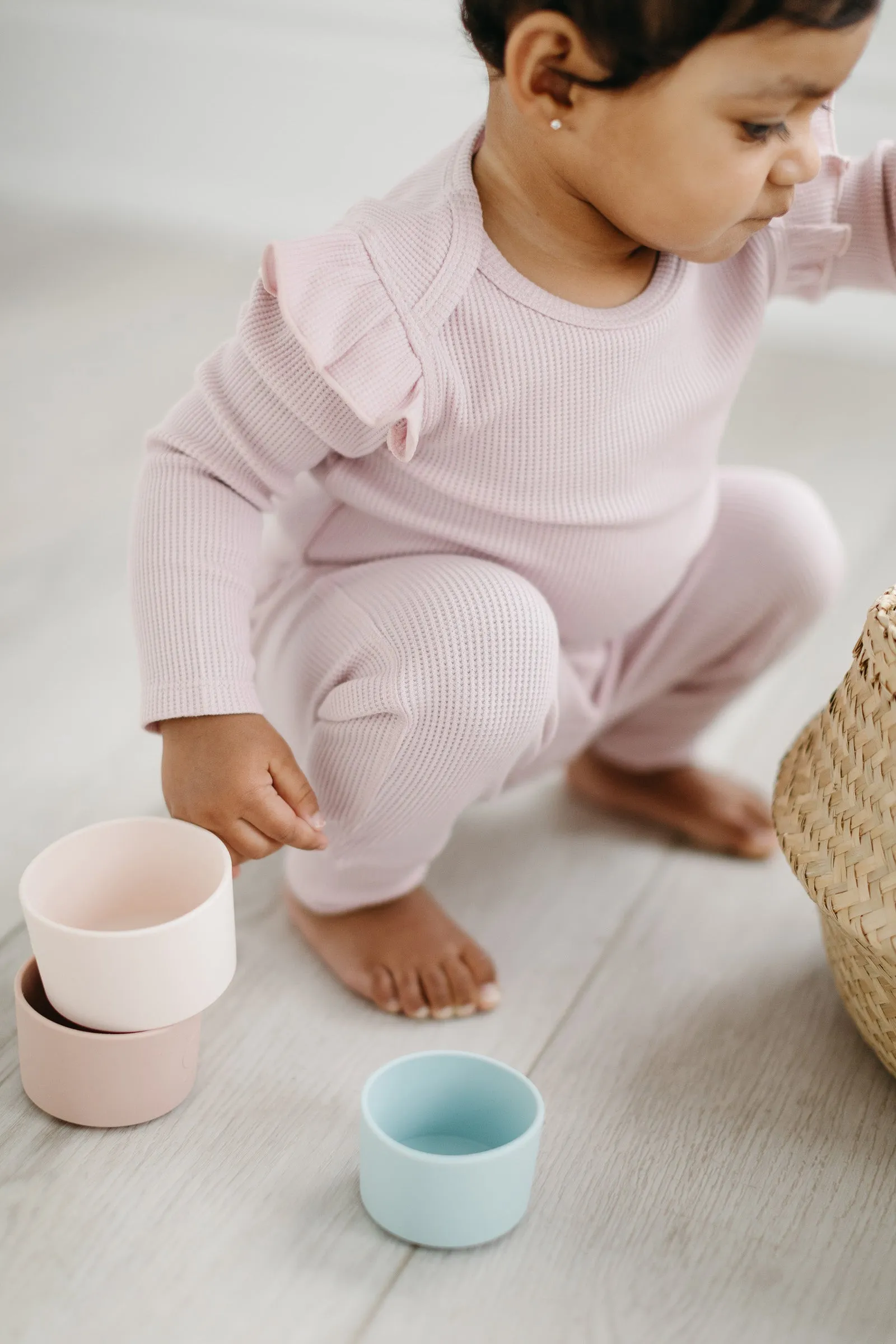 Waffle Long Sleeve Ruffle Bodysuit - Blush Pink