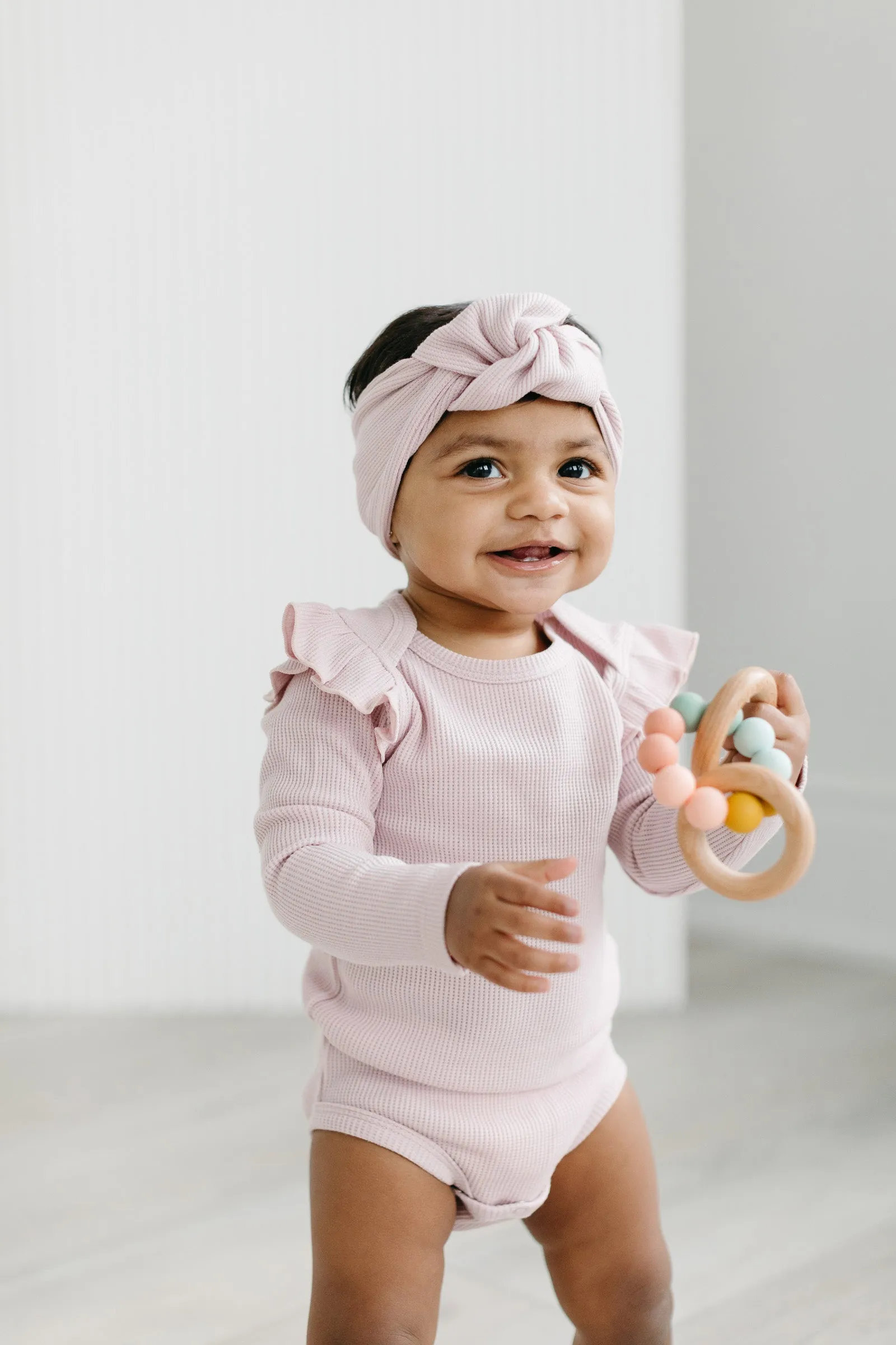 Waffle Long Sleeve Ruffle Bodysuit - Blush Pink