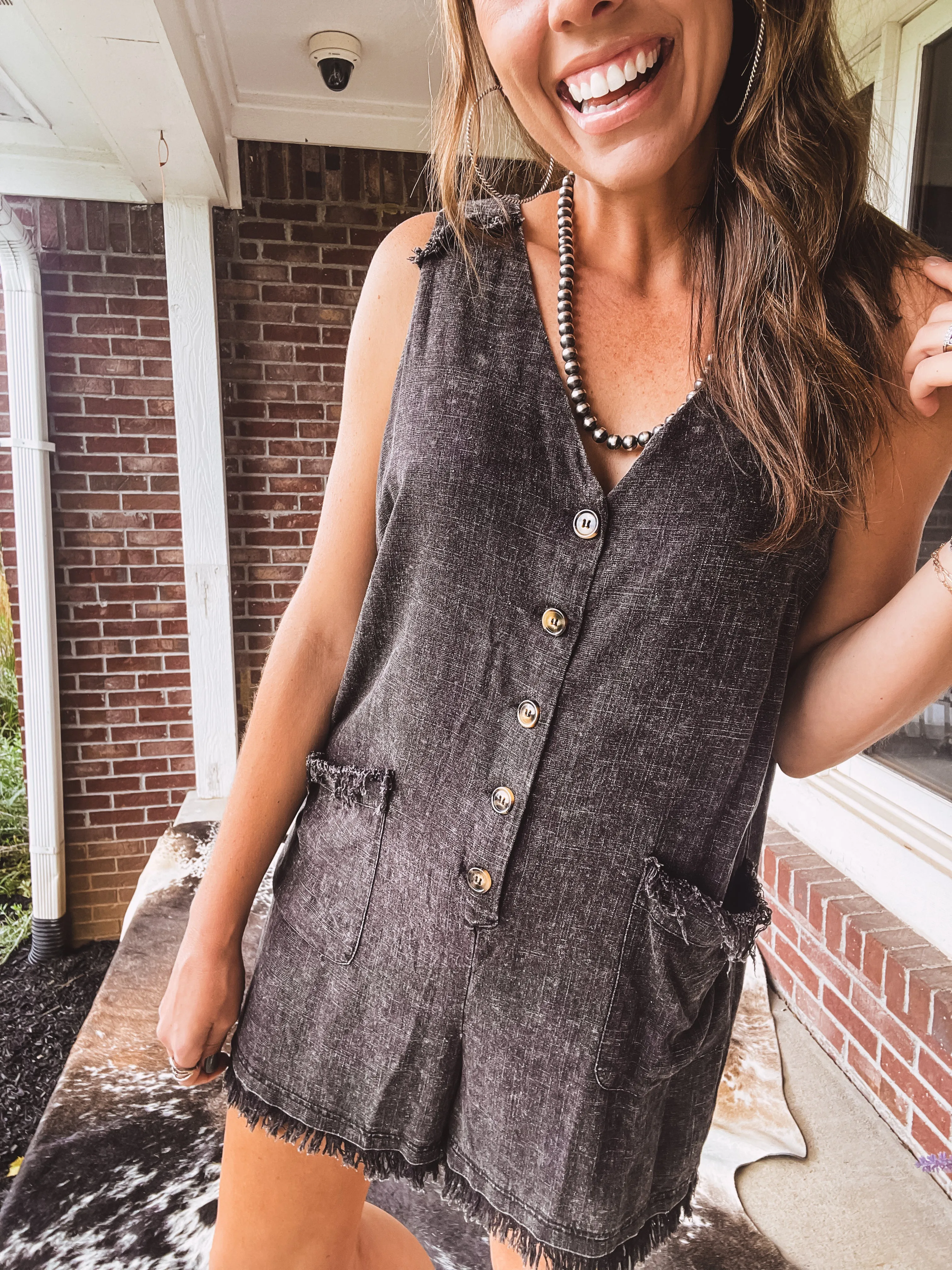 Washed Linen Button Front Romper