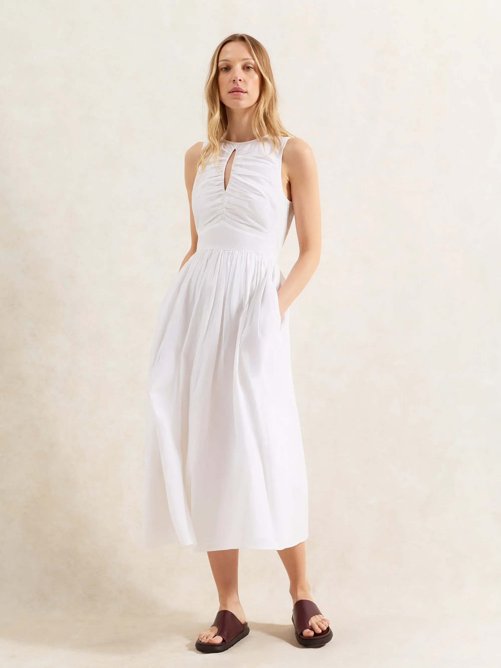 White Cotton Keyhole Front Midi Dress