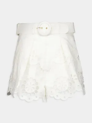 White Embroidered Linen High-Waisted Shorts