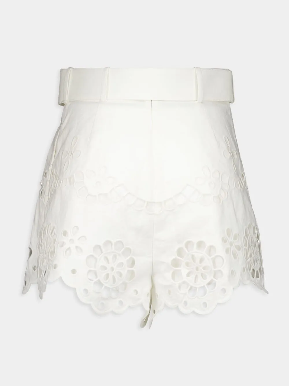 White Embroidered Linen High-Waisted Shorts