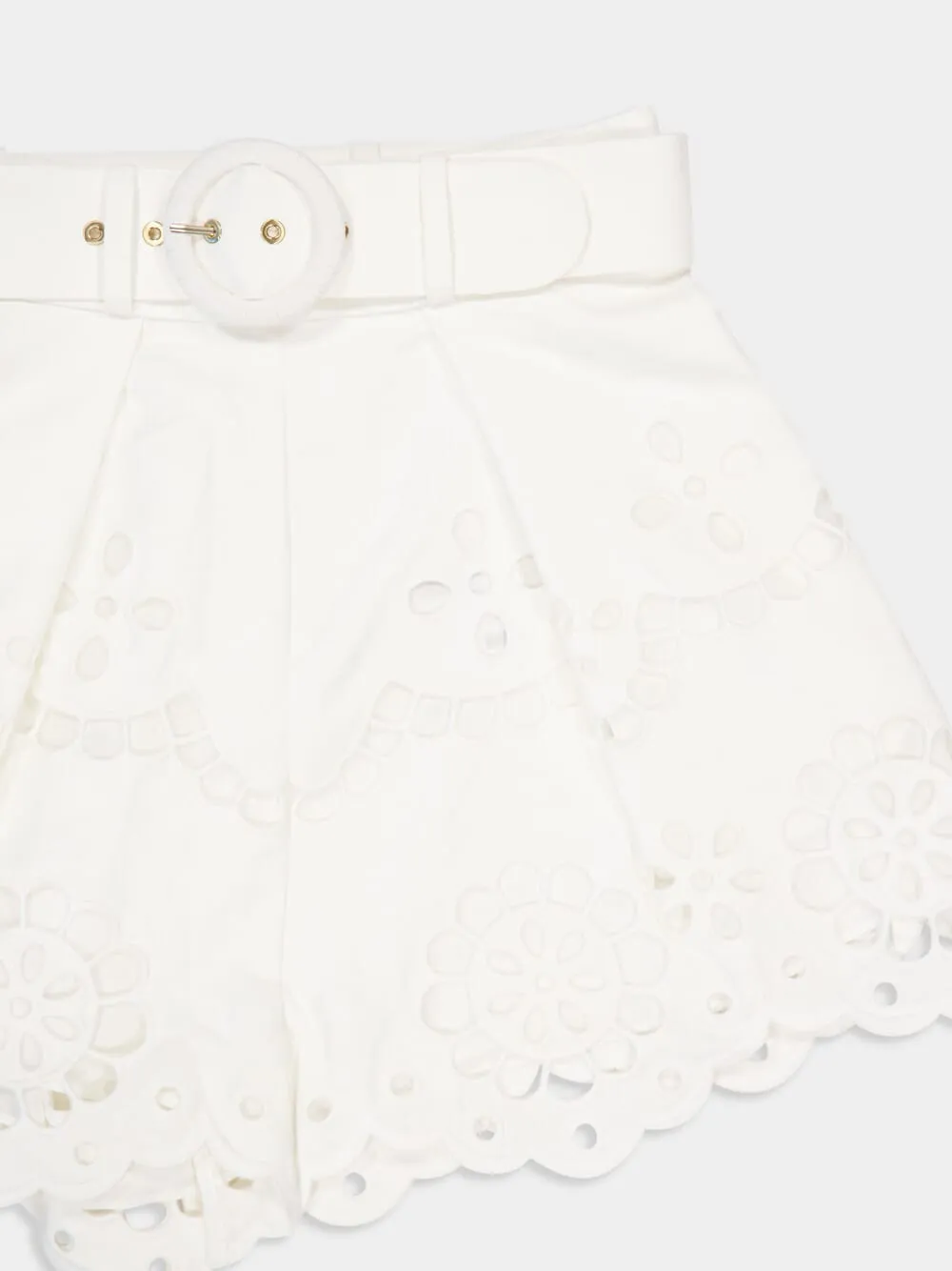 White Embroidered Linen High-Waisted Shorts