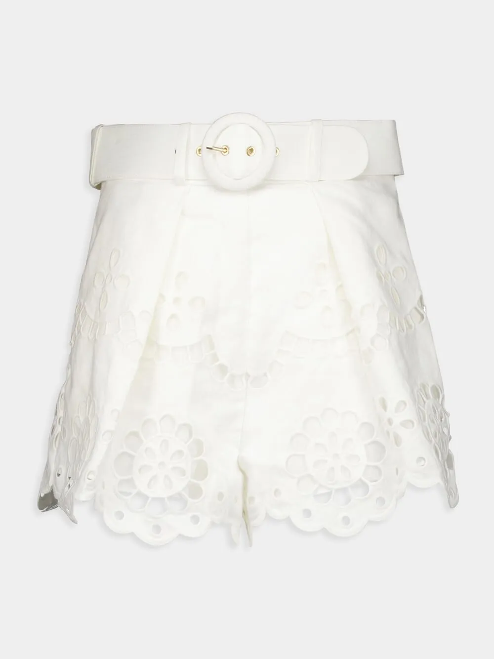 White Embroidered Linen High-Waisted Shorts