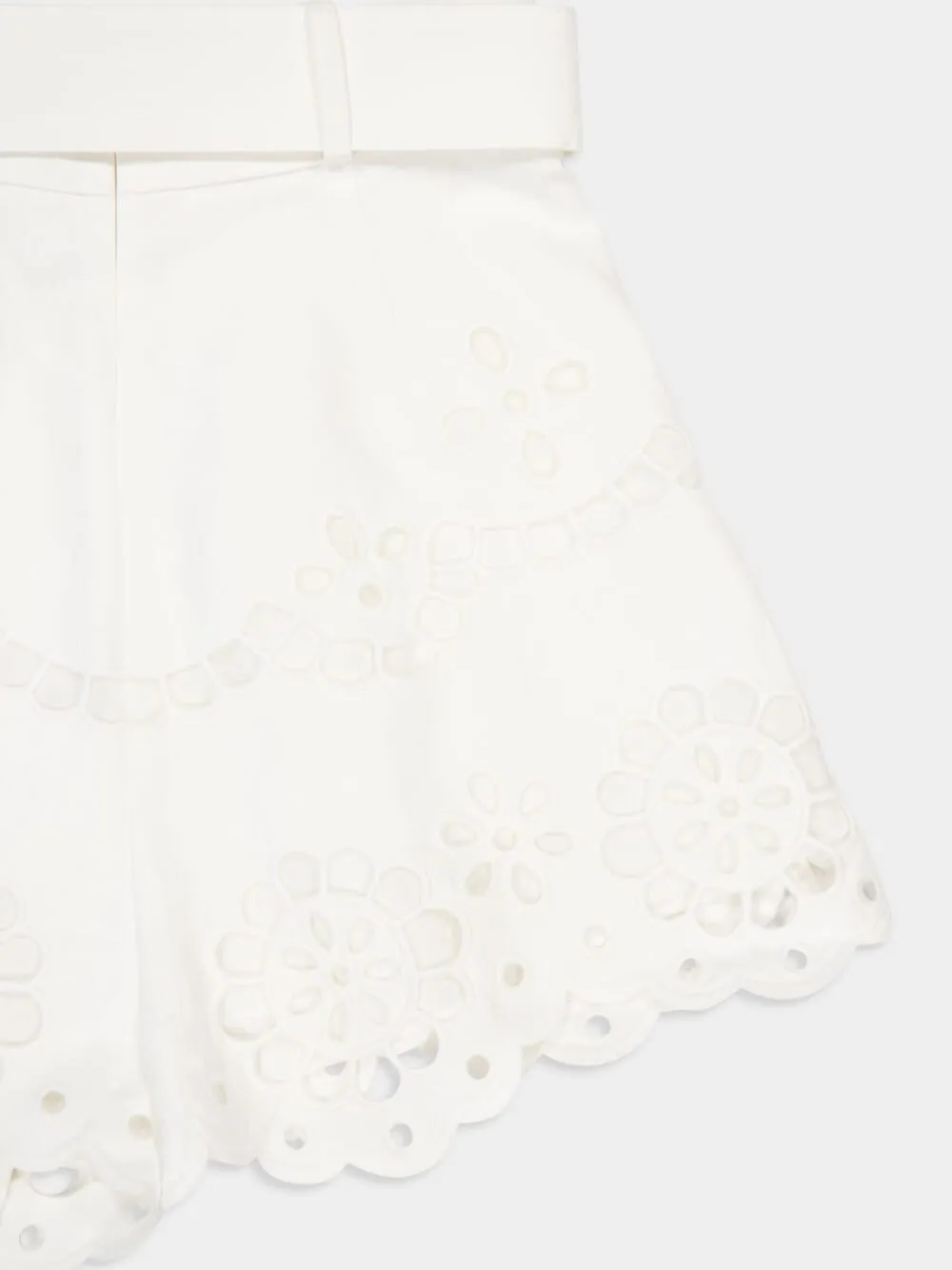White Embroidered Linen High-Waisted Shorts
