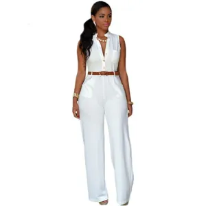 Wide Leg Jumpsuit Long Plus Size Romper Monos Largos De Mujer Belted White Jumpsuit For Women 60932