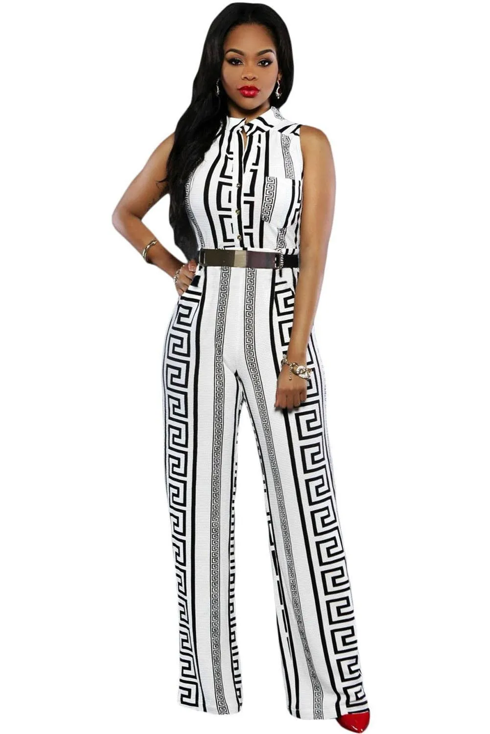 Wide Leg Jumpsuit Overalls Long Trousers Outfits Fashion Women Black Print Gold Belted Ladies Playsuits