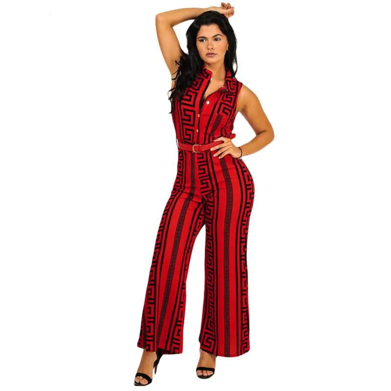 Wide Leg Jumpsuit Overalls Long Trousers Outfits Fashion Women Black Print Gold Belted Ladies Playsuits
