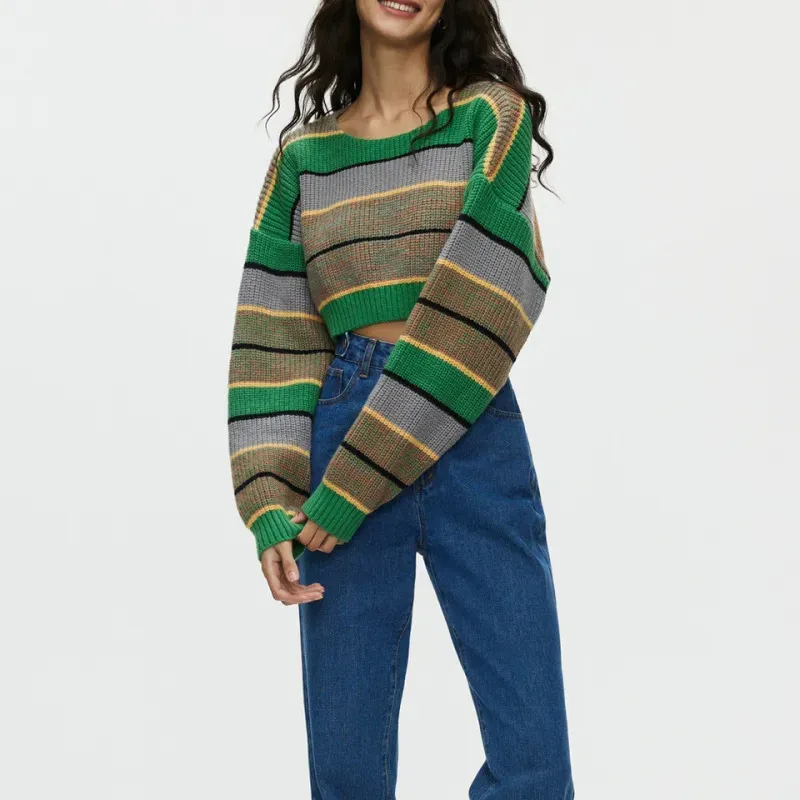 Wildline Striped Knit Cropped Long Sleeve Sweater