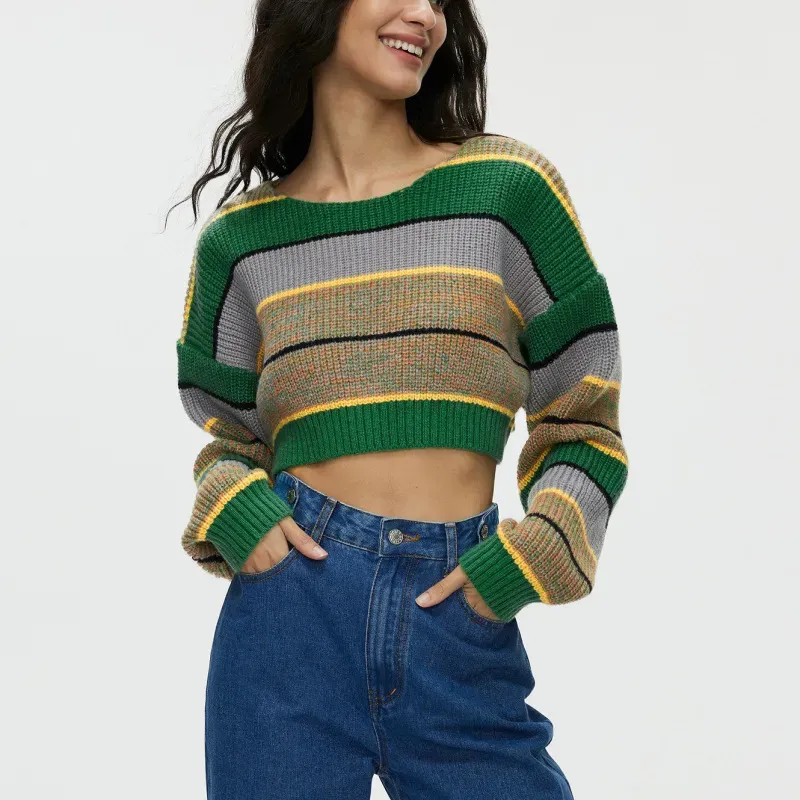 Wildline Striped Knit Cropped Long Sleeve Sweater