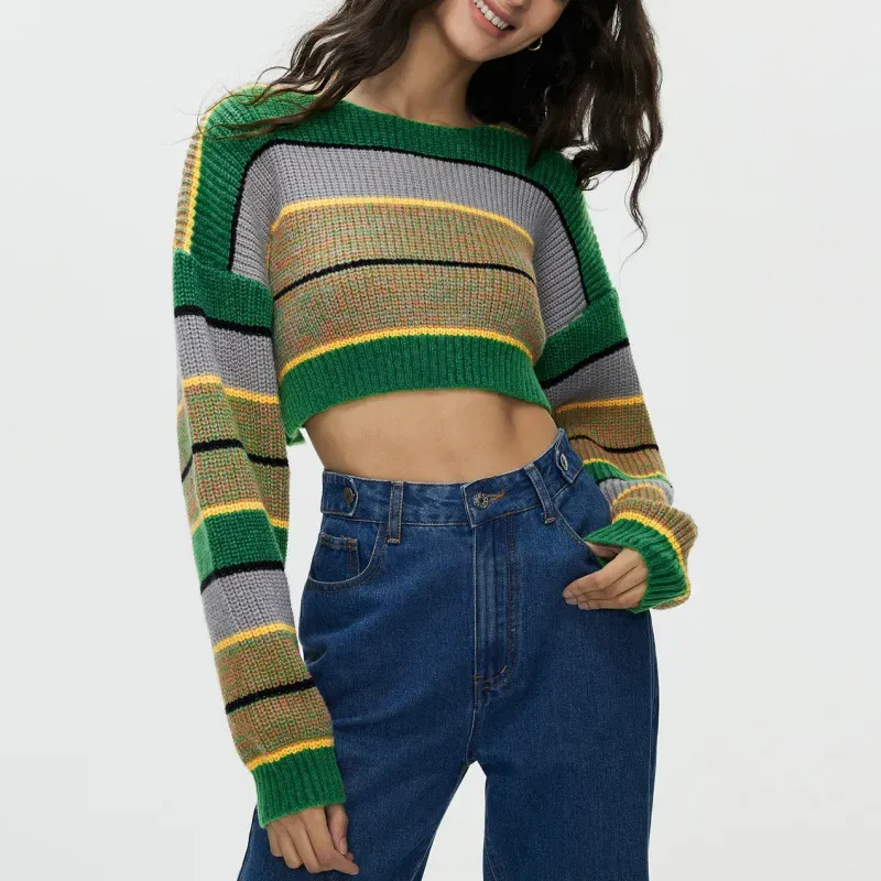 Wildline Striped Knit Cropped Long Sleeve Sweater