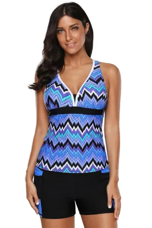 Women Blue Zigzag Print Two Piece Athletic 2 PC Swimsuit Board Shorts Tankini Set