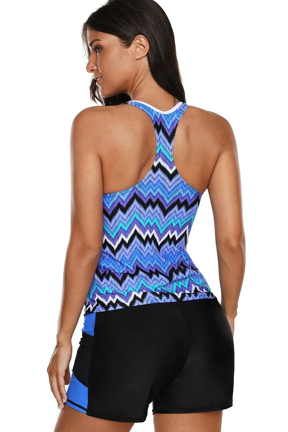 Women Blue Zigzag Print Two Piece Athletic 2 PC Swimsuit Board Shorts Tankini Set