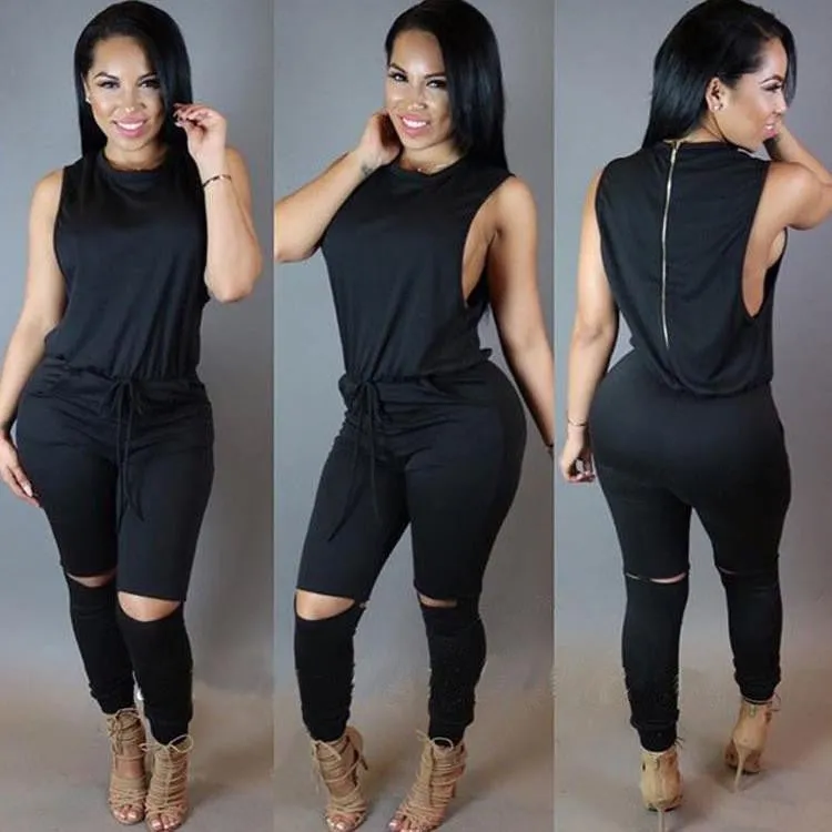 Women Drawstring Bodycon Jumpsuit Sleeveless Zipper Back Long Playsuits Round Collar Knee Cut Rompers Plus Size XXL