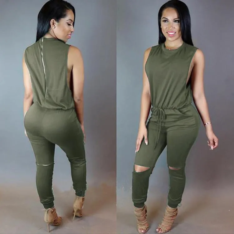 Women Drawstring Bodycon Jumpsuit Sleeveless Zipper Back Long Playsuits Round Collar Knee Cut Rompers Plus Size XXL
