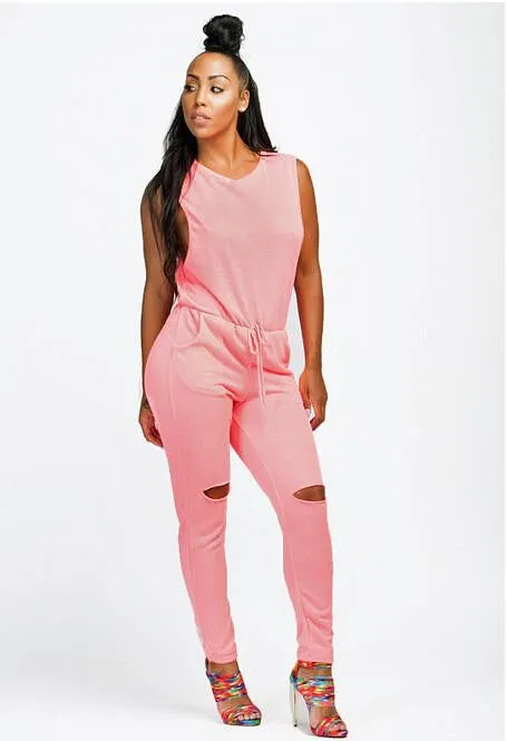 Women Drawstring Bodycon Jumpsuit Sleeveless Zipper Back Long Playsuits Round Collar Knee Cut Rompers Plus Size XXL