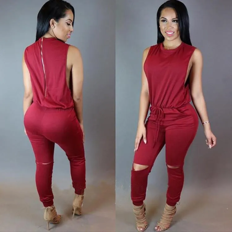Women Drawstring Bodycon Jumpsuit Sleeveless Zipper Back Long Playsuits Round Collar Knee Cut Rompers Plus Size XXL