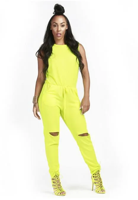 Women Drawstring Bodycon Jumpsuit Sleeveless Zipper Back Long Playsuits Round Collar Knee Cut Rompers Plus Size XXL