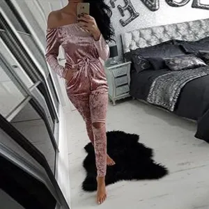 Women Solid Slim Velvet Off Shoulder Strapless Tops Long Hollow Out Pants Jumpsuit