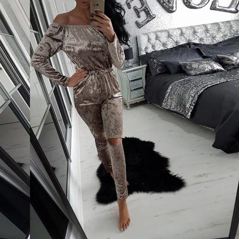 Women Solid Slim Velvet Off Shoulder Strapless Tops Long Hollow Out Pants Jumpsuit