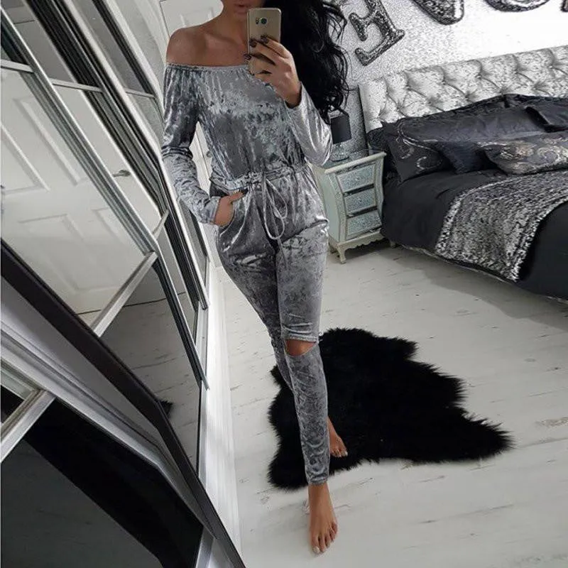 Women Solid Slim Velvet Off Shoulder Strapless Tops Long Hollow Out Pants Jumpsuit