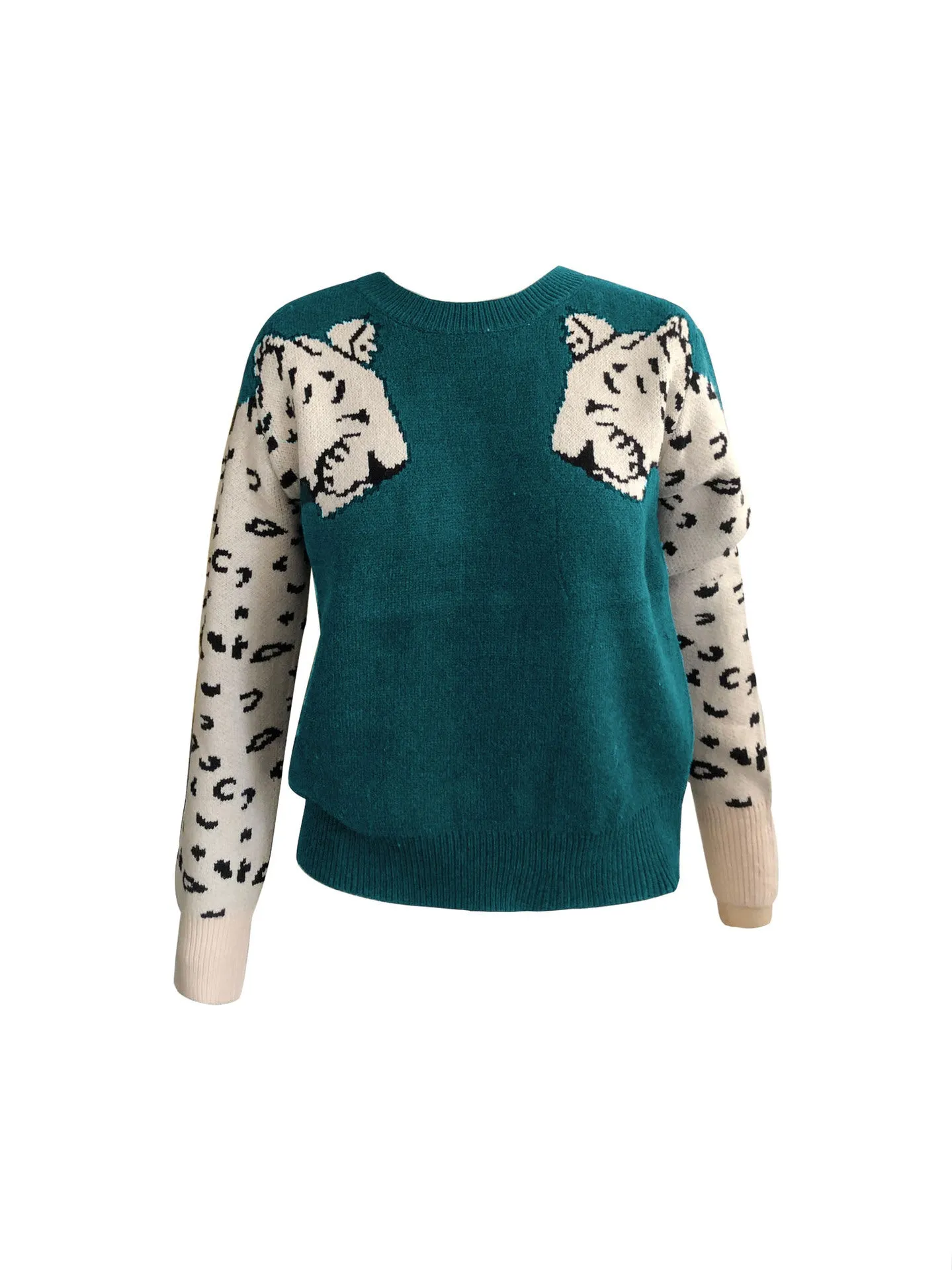 Women's Leopard Print Long Sleeve Round Neck Cropped Sweater