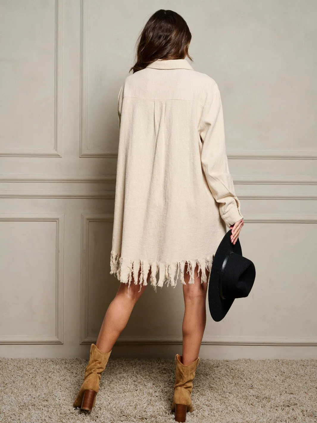 WOMEN'S LONG SLEEVE BUTTON UP FRONT POCKET TASSEL TRIM MINI DRESS