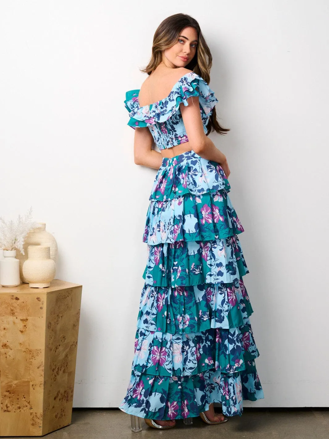 WOMEN'S OFF SHOULDER CROP TOP & MAXI RUFFLE SKIRT 2PC. FLORAL SET