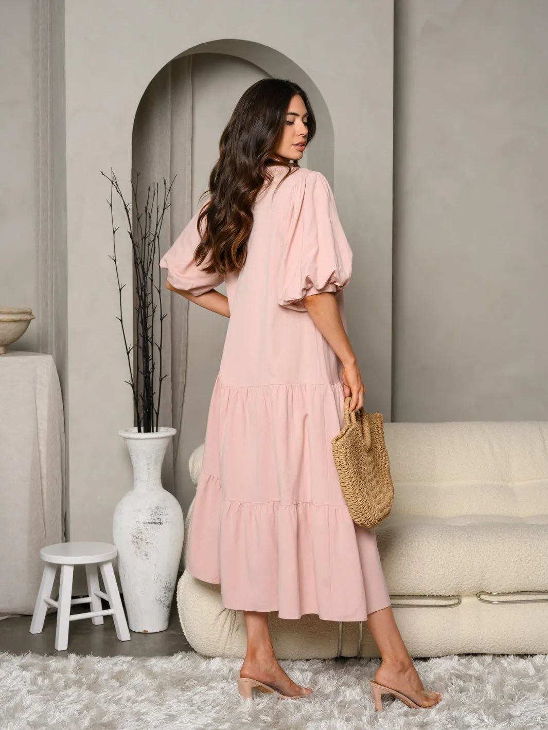 WOMEN'S SHORT PUFF SLEEVE V-NECK BUTTON UP MAXI DRESS