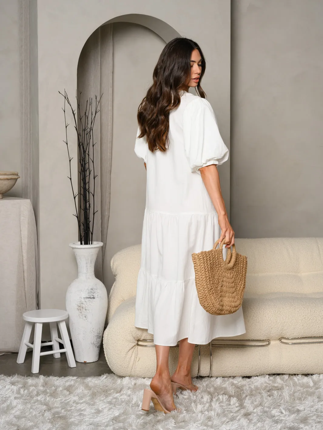 WOMEN'S SHORT PUFF SLEEVE V-NECK BUTTON UP MAXI DRESS