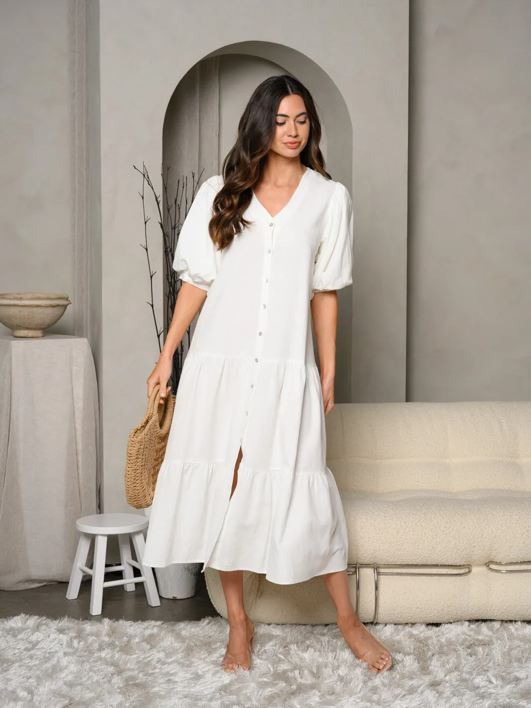 WOMEN'S SHORT PUFF SLEEVE V-NECK BUTTON UP MAXI DRESS