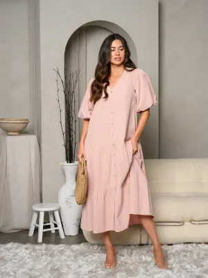 WOMEN'S SHORT PUFF SLEEVE V-NECK BUTTON UP MAXI DRESS