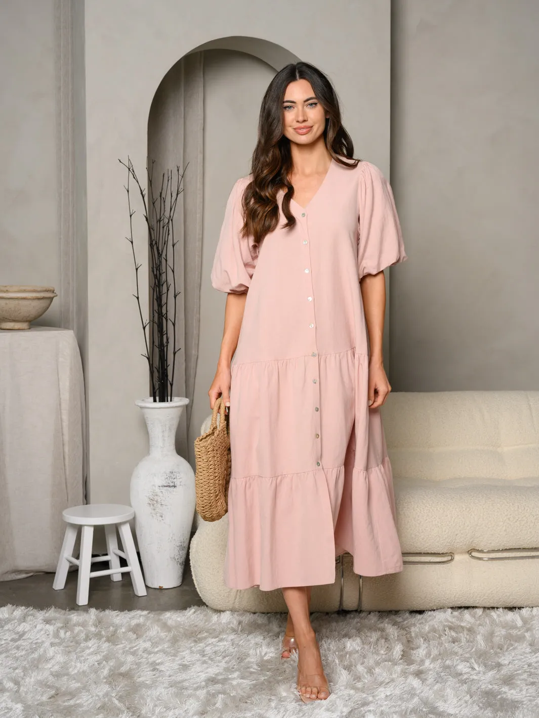WOMEN'S SHORT PUFF SLEEVE V-NECK BUTTON UP MAXI DRESS