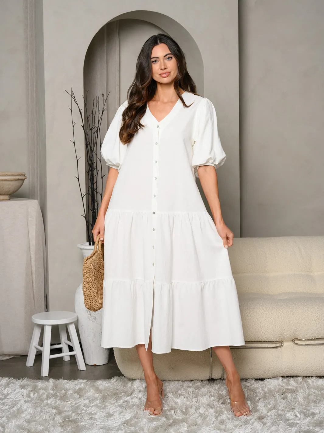 WOMEN'S SHORT PUFF SLEEVE V-NECK BUTTON UP MAXI DRESS