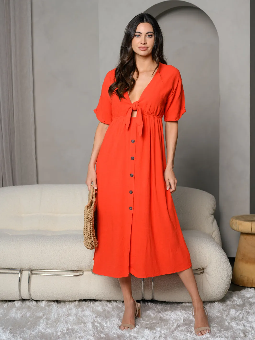 WOMEN'S SHORT SLEEVE FRONT TIE MIDI DRESS