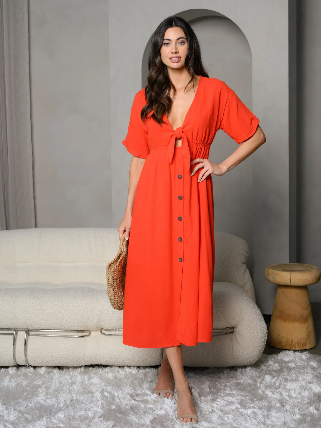 WOMEN'S SHORT SLEEVE FRONT TIE MIDI DRESS