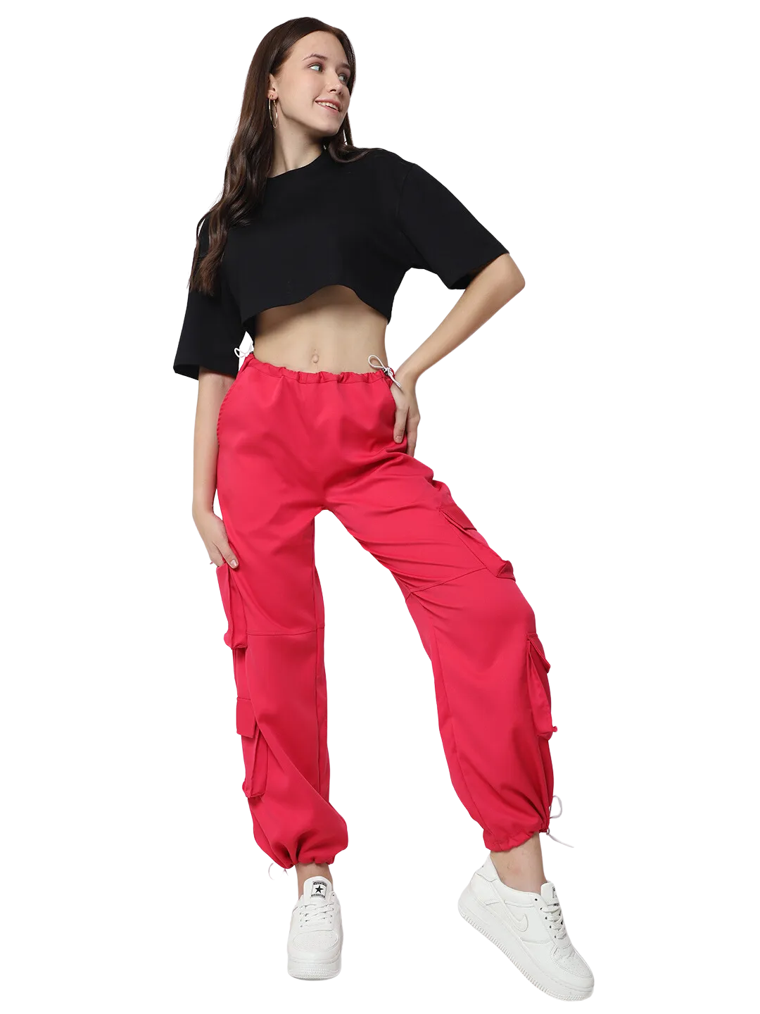 Women's Street Wear Parachute Cargo Pants (Hot Pink)