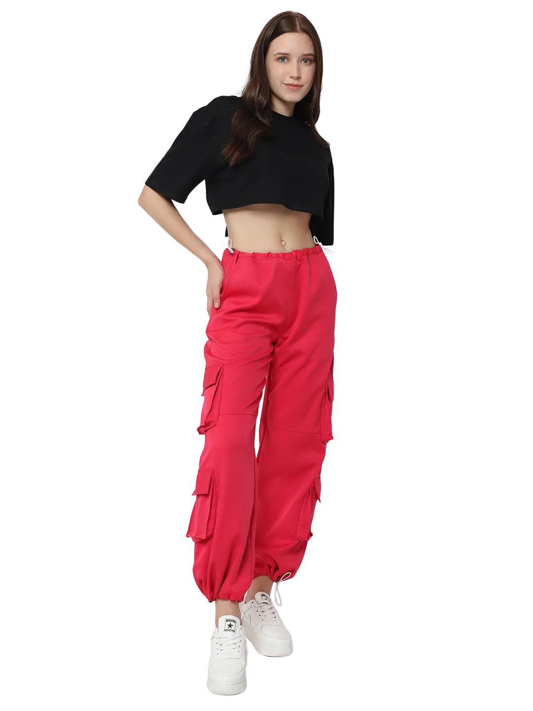Women's Street Wear Parachute Cargo Pants (Hot Pink)